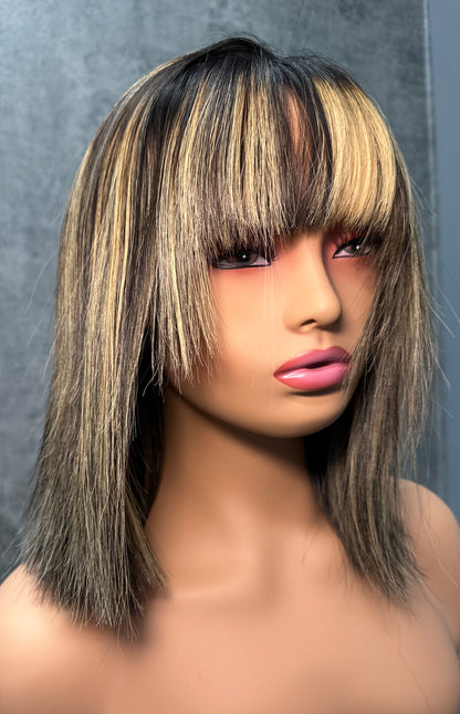 5X5 HD Lace Closure Bob Wig W/ Highlights + Bangs